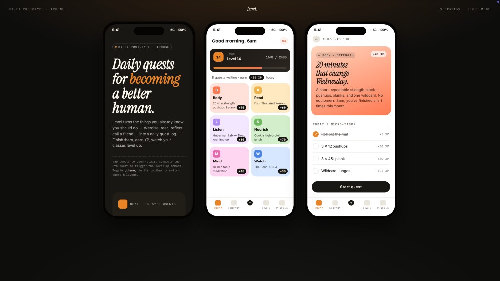 Gamified habit app — three-frame mobile prototype