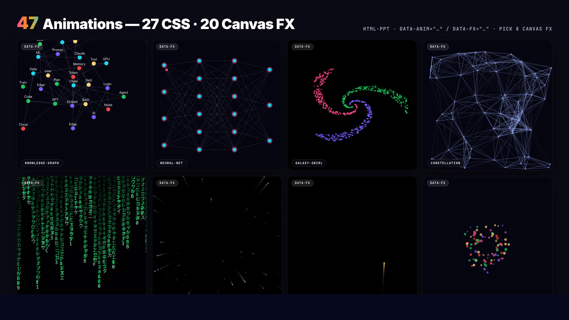 47 animações — 27 CSS + 20 Canvas FX