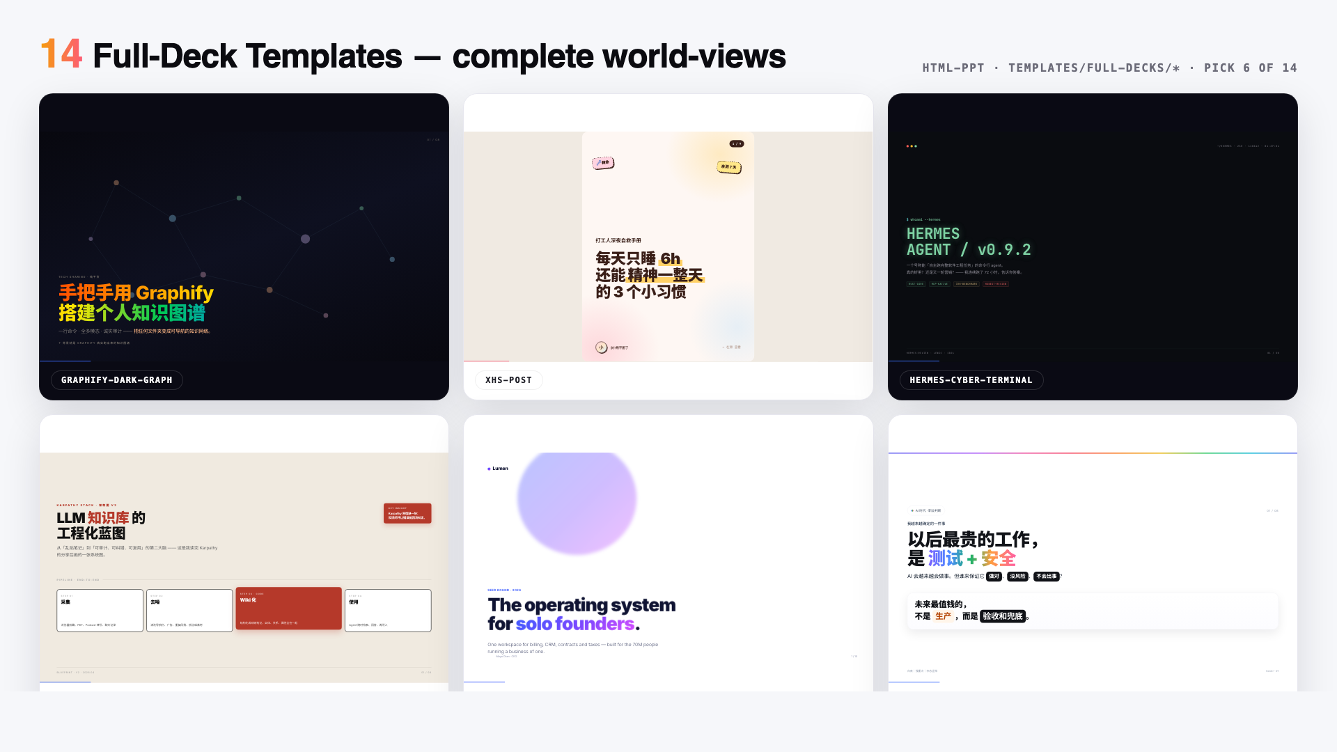 14 templates de deck — pitch deck, knowledge graph, magazine, pastel card, +10 outros