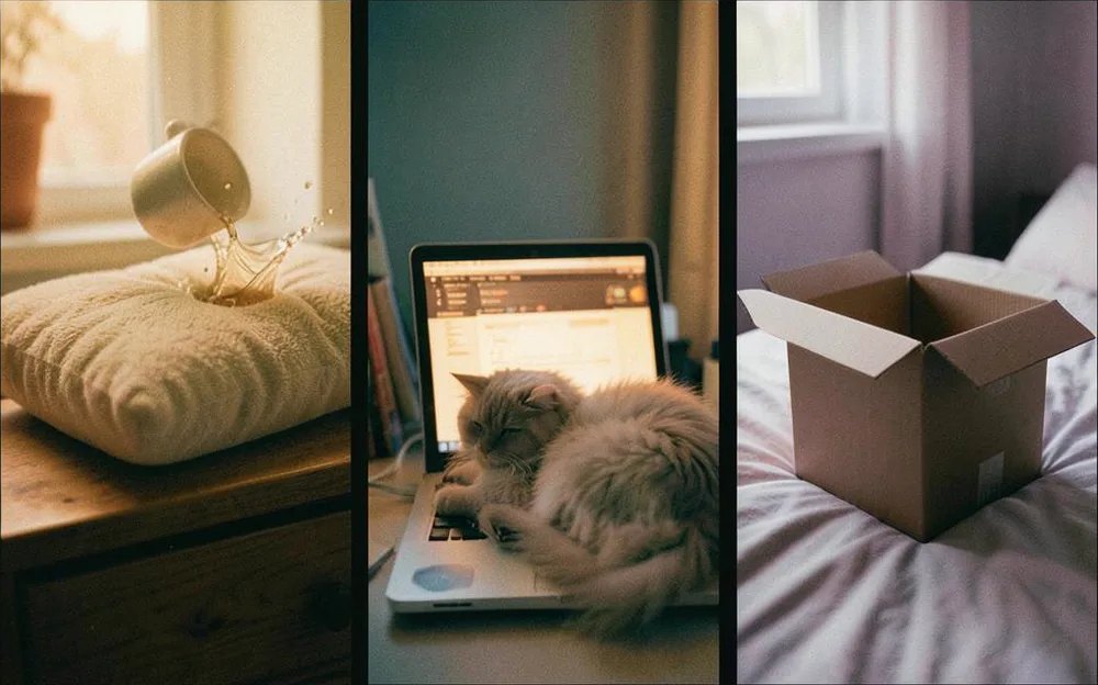 Cover art for Landlord: a mug tipping over onto a pillow, a cat asleep on a laptop and an open cardboard box on a bed